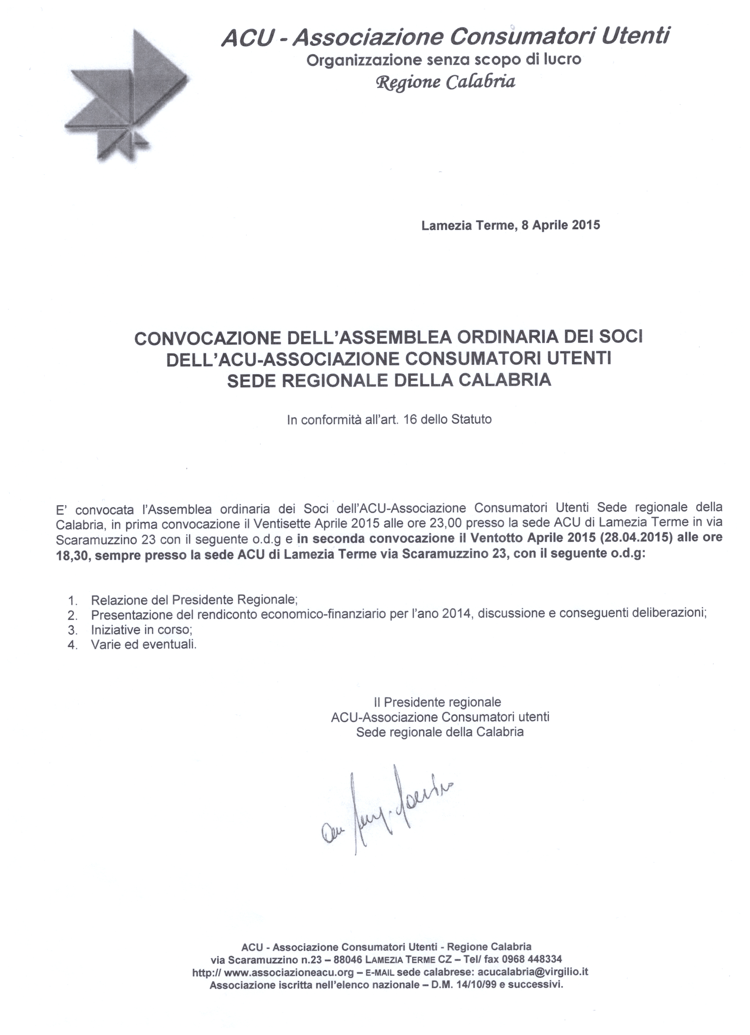 covocazione assemblea ordinaria calabria
